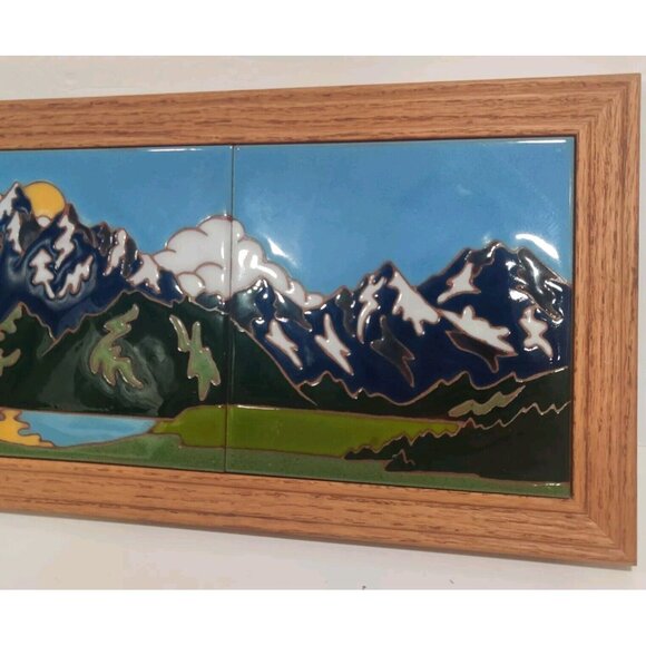 Mountain Moon Reflection Triptych Native Folk Art Deco (3) 6" Tiles 20x8" Framed - Picture 4 of 14